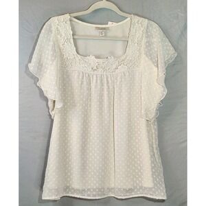 Dressbarn Blouse NWT Women's Med‎ Ivory Short Sleeve Layered Crochet Embellished